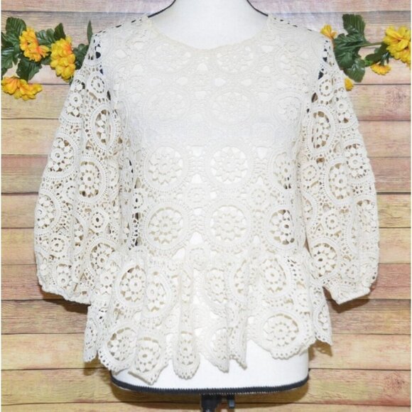 Justfab Ladies S Cream Crochet 3/4 Puff Sleeve Top Cottage Granny Core Boho - Picture 1 of 10